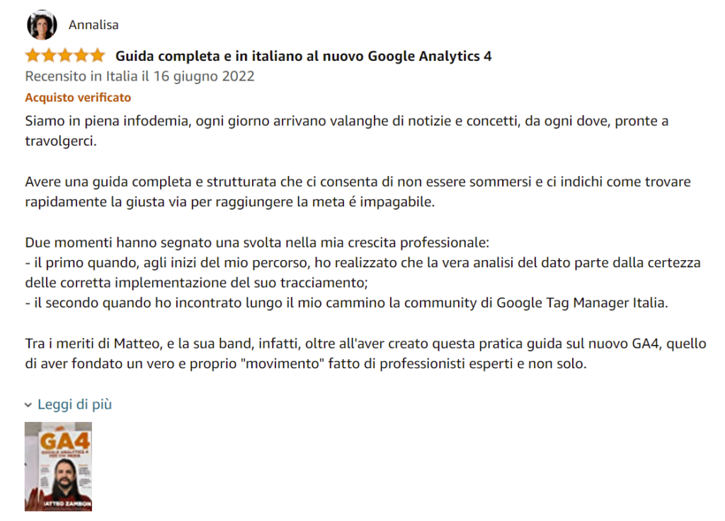 Foto recensione di Annalisa su Amazon del libro Google Analytics 4 per chi inizia di Matteo Zambon e Tag Manager Italia