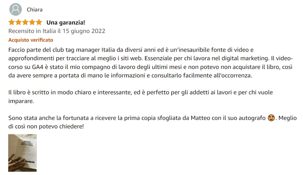 Foto recensione di Chiara su Amazon del libro Google Analytics 4 per chi inizia di Matteo Zambon e Tag Manager Italia