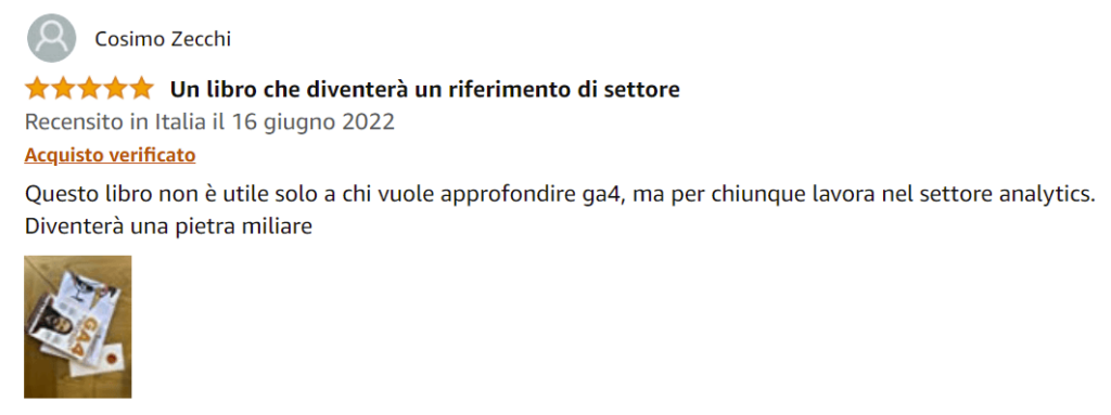 Foto recensione di Cosimo su Amazon del libro Google Analytics 4 per chi inizia di Matteo Zambon e Tag Manager Italia