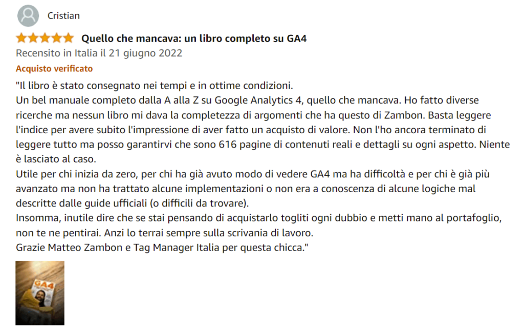 Foto recensione di Cristian su Amazon del libro Google Analytics 4 per chi inizia di Matteo Zambon e Tag Manager Italia