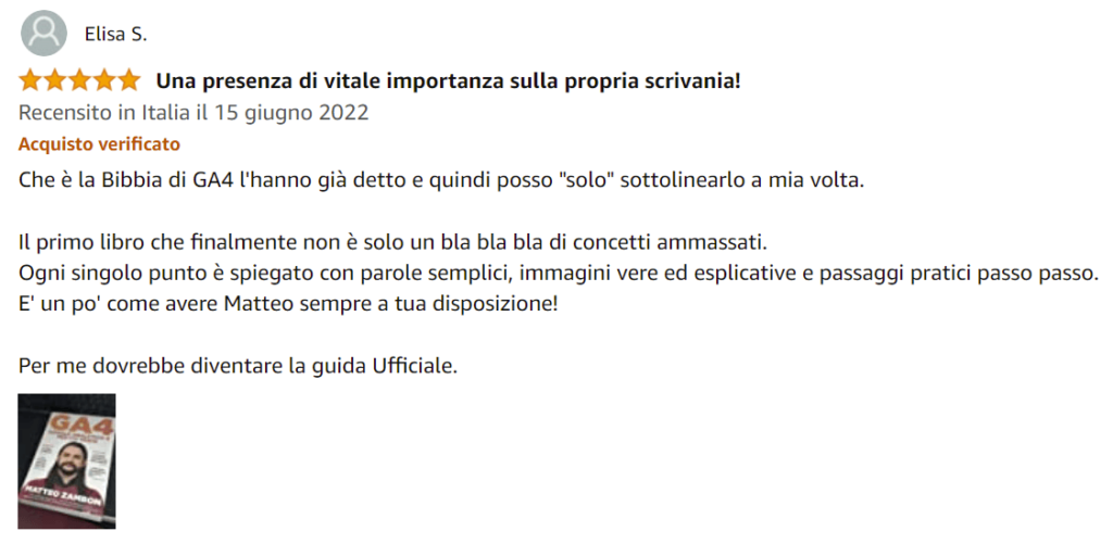Foto recensione di Elisa su Amazon del libro Google Analytics 4 per chi inizia di Matteo Zambon e Tag Manager Italia