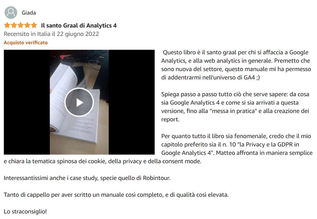 Foto recensione di Giada su Amazon del libro Google Analytics 4 per chi inizia di Matteo Zambon e Tag Manager Italia