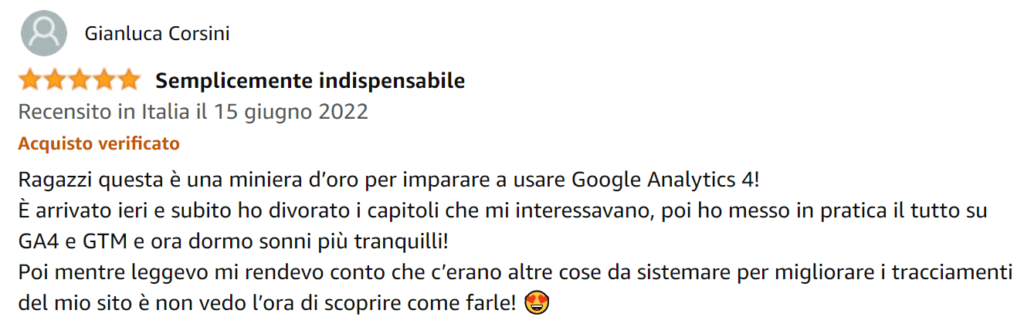 Foto recensione di Gianluca su Amazon del libro Google Analytics 4 per chi inizia di Matteo Zambon e Tag Manager Italia