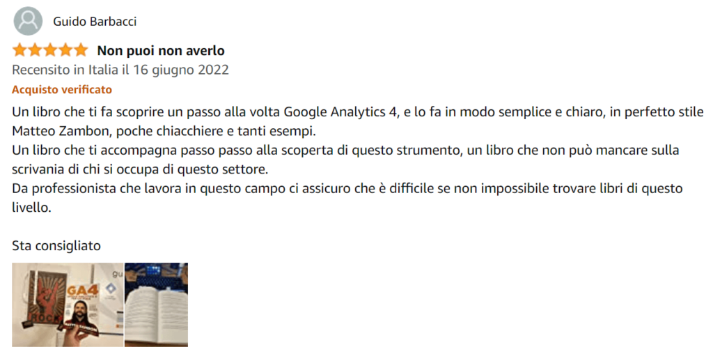 Foto recensione di Guido su Amazon del libro Google Analytics 4 per chi inizia di Matteo Zambon e Tag Manager Italia