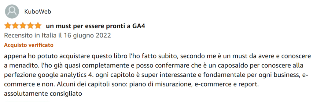 Foto recensione di Kuboweb su Amazon del libro Google Analytics 4 per chi inizia di Matteo Zambon e Tag Manager Italia