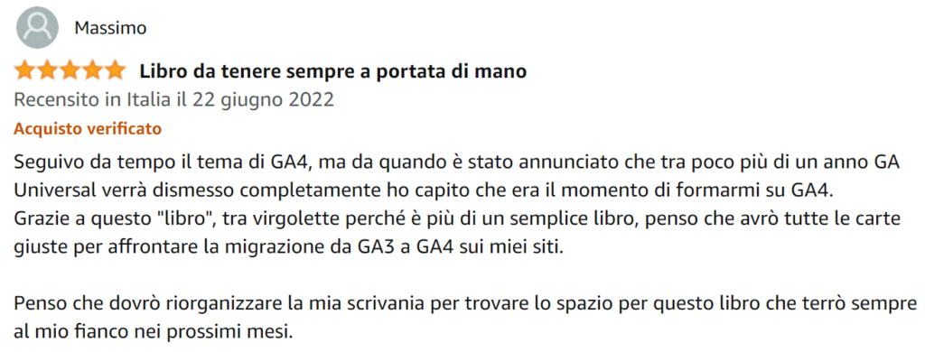 Foto recensione di Massimo su Amazon del libro Google Analytics 4 per chi inizia di Matteo Zambon e Tag Manager Italia