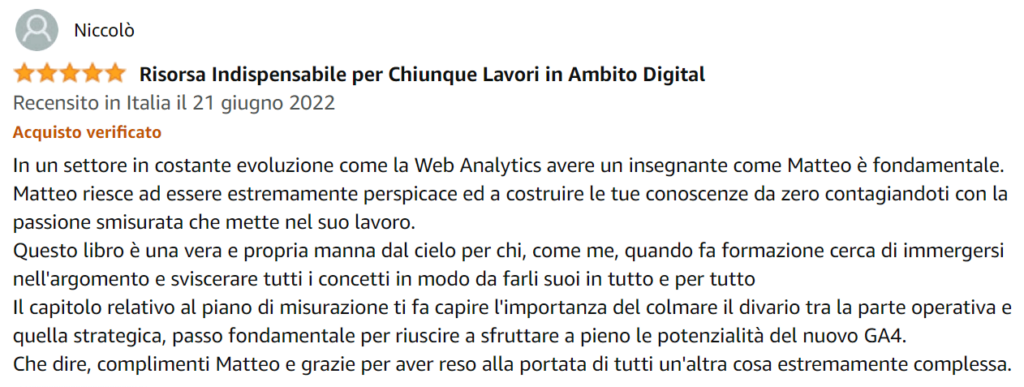Foto recensione di Niccolò su Amazon del libro Google Analytics 4 per chi inizia di Matteo Zambon e Tag Manager Italia