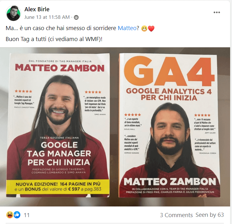 Foto con testimonianza di Alex del libro su GA4 Google Analytics 4 per chi inizia - Matteo Zambon e Tag Manager Italia
