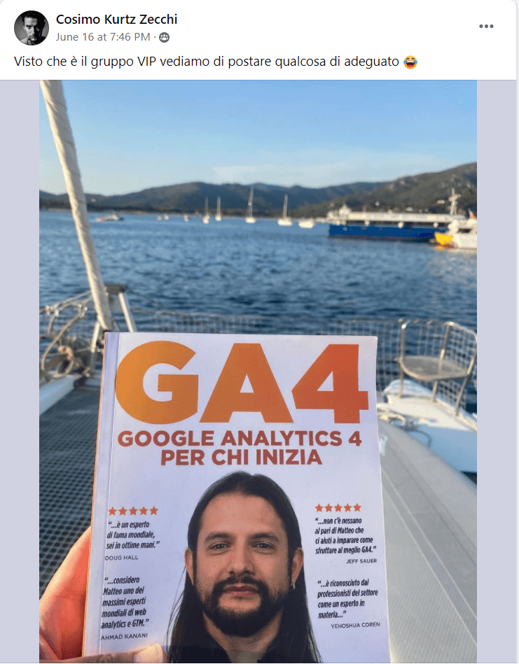 Foto con testimonianza di Cosimo del libro su GA4 Google Analytics 4 per chi inizia - Matteo Zambon e Tag Manager Italia