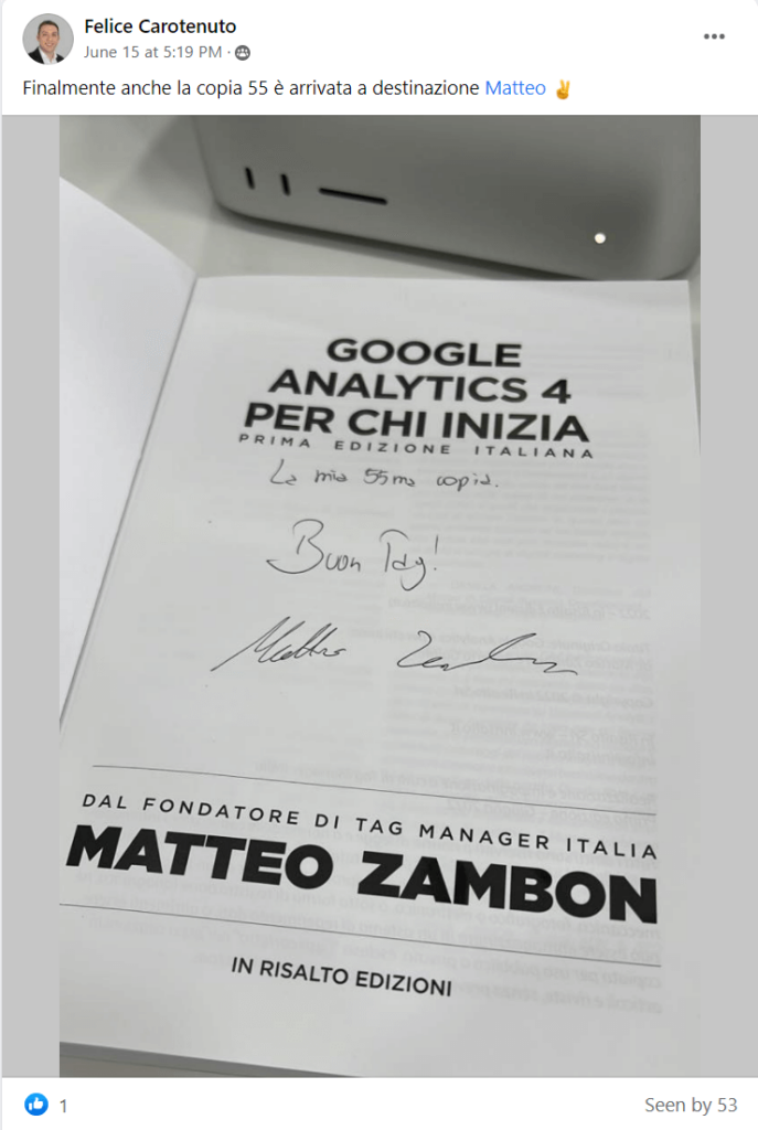 Foto con testimonianza di Felice del libro su GA4 Google Analytics 4 per chi inizia - Matteo Zambon e Tag Manager Italia