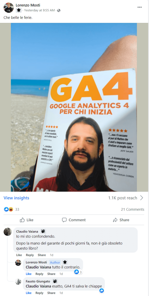 Foto con testimonianza di Lorenzo del libro su GA4 Google Analytics 4 per chi inizia - Matteo Zambon e Tag Manager Italia