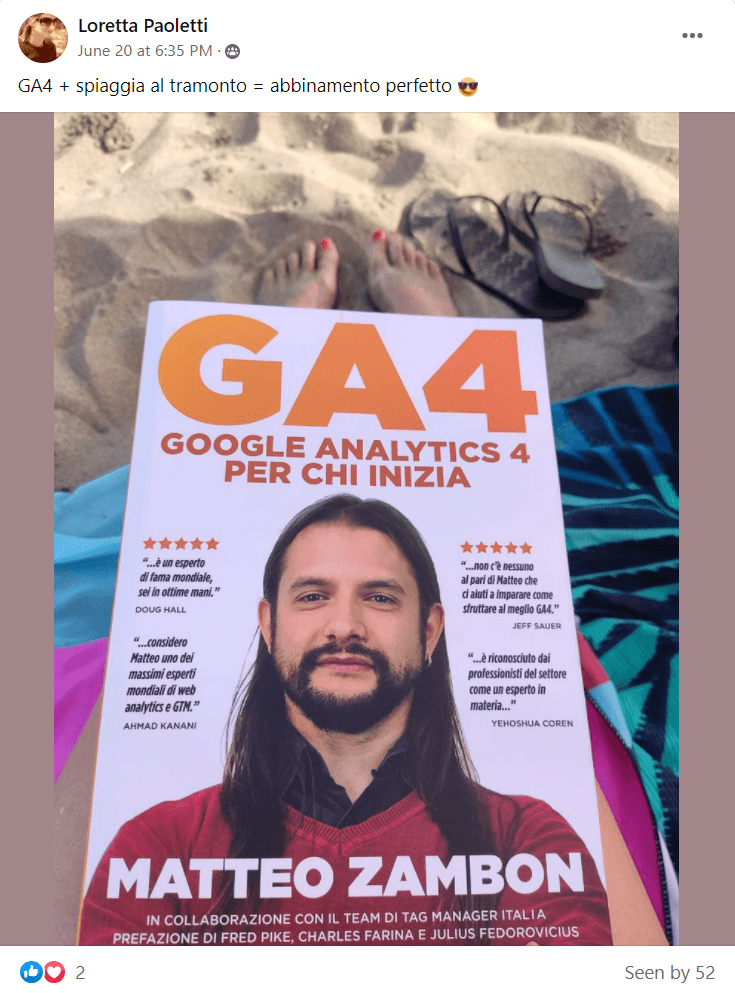 Foto con testimonianza di Loretta del libro su GA4 Google Analytics 4 per chi inizia - Matteo Zambon e Tag Manager Italia