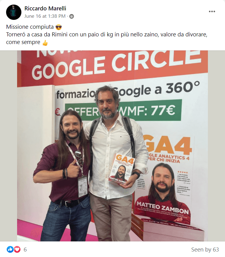 Foto con testimonianza di Riccardo del libro su GA4 Google Analytics 4 per chi inizia - Matteo Zambon e Tag Manager Italia