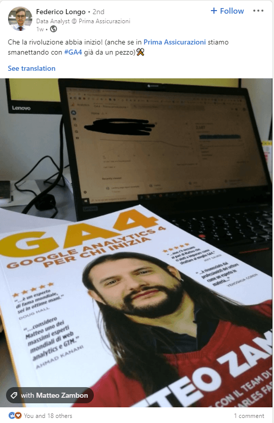 Foto con testimonianza di Federico del libro su GA4 Google Analytics 4 per chi inizia - Matteo Zambon e Tag Manager Italia