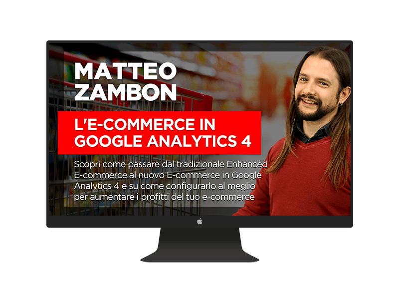Copertina del corso su GA4 "E-commerce in Google Analytics 4"